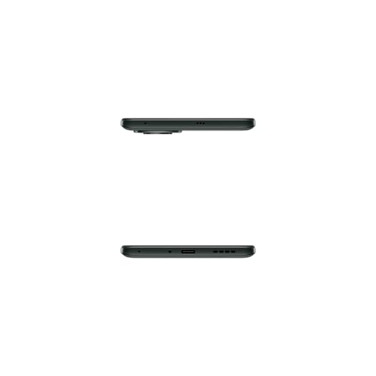 Schwarzes Smartphone. Ober- und Unteransicht. Lautsprecherlöcher. Weißer Hintergrund.