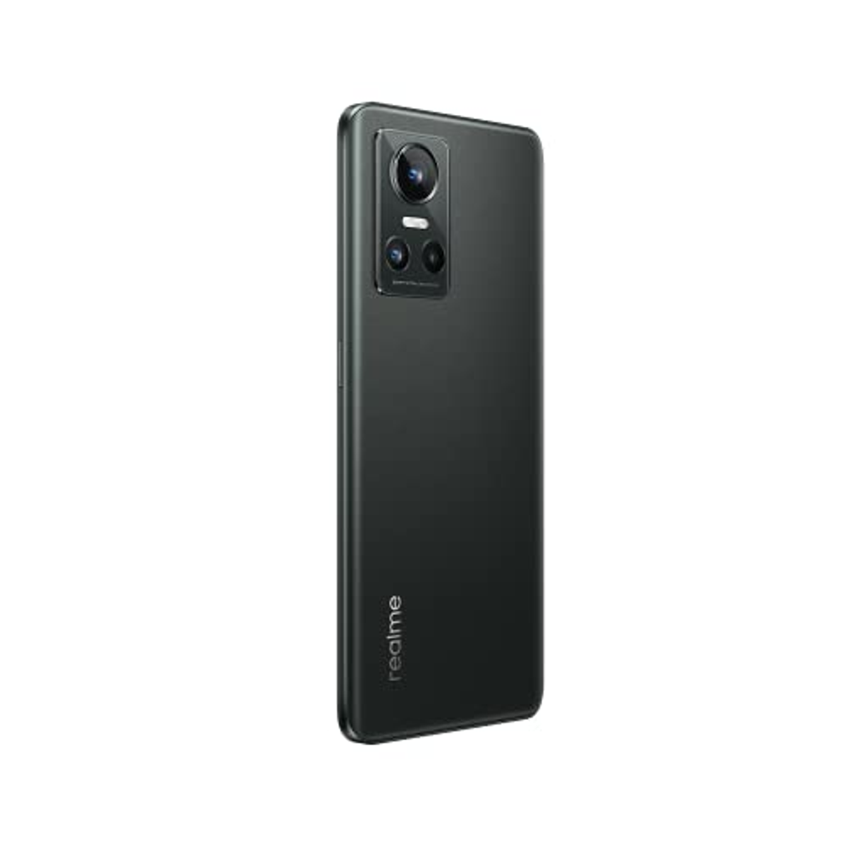 Schwarzes Smartphone von hinten. Drei Kameras, ein Blitz und das Realme-Logo sind sichtbar.