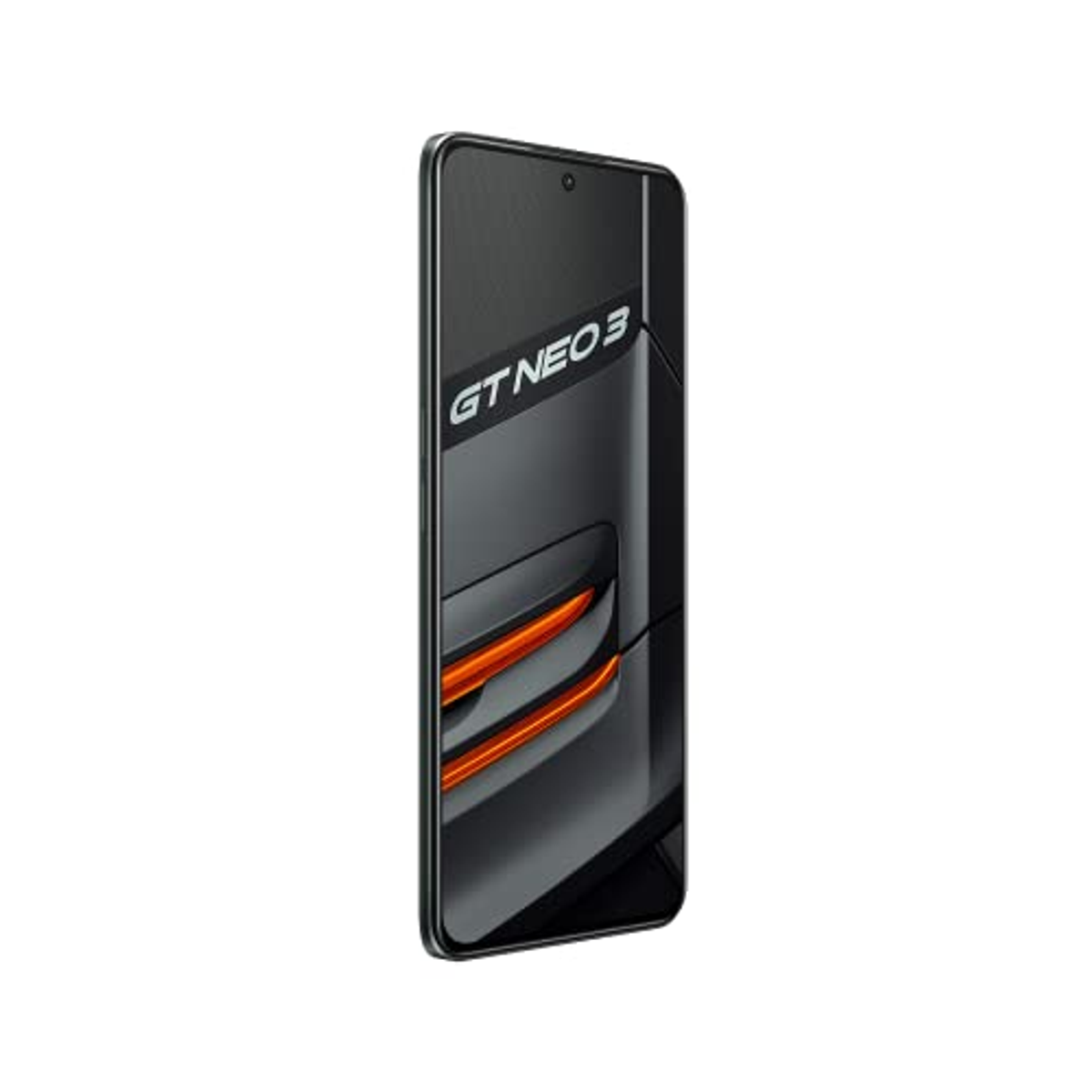 Ein schwarzes Smartphone, GT NEO 3, mit orangen Akzenten, von der Seite betrachtet, zeigt seinen Bildschirm.