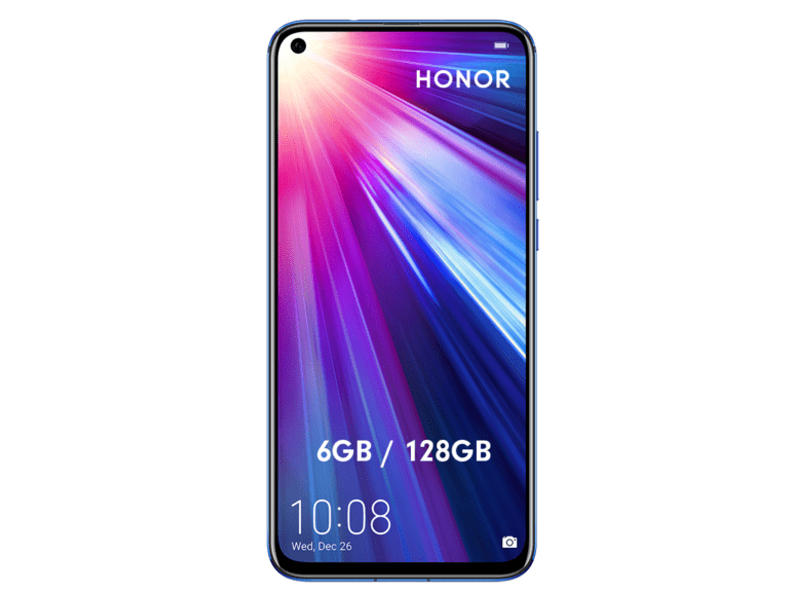 Niebieski telefon Honor z gradientowym ekranem. Telefon wyświetla czas i pojemność pamięci.