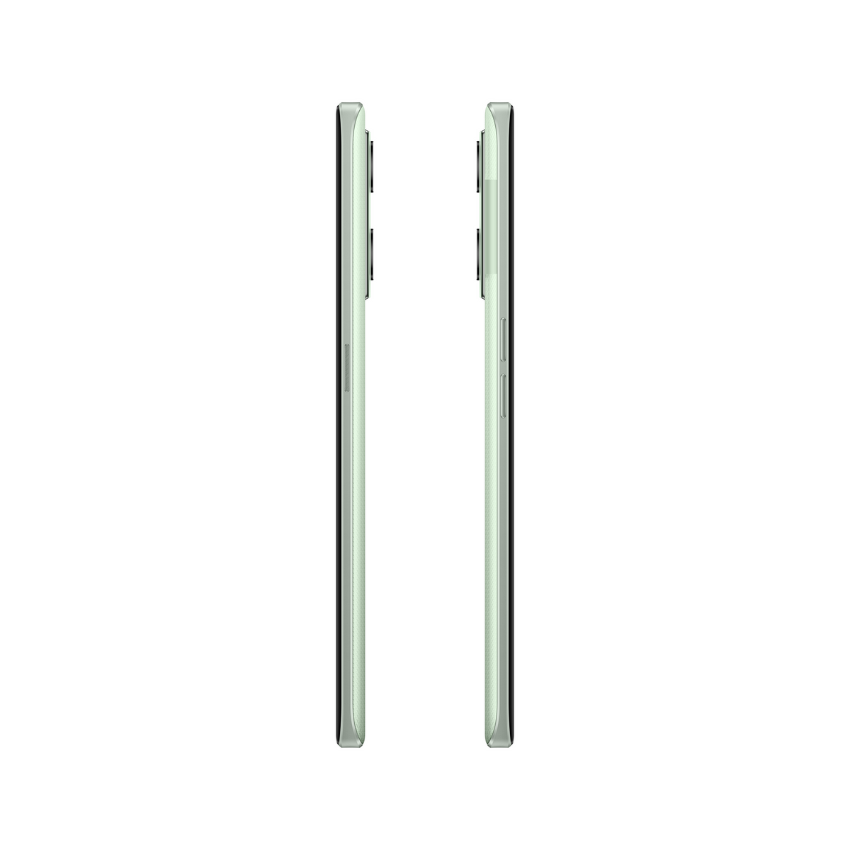 Zwei hellgrüne Telefone, Seitenansicht, vor weißem Hintergrund. Schlankes Design. Kein Branding sichtbar.