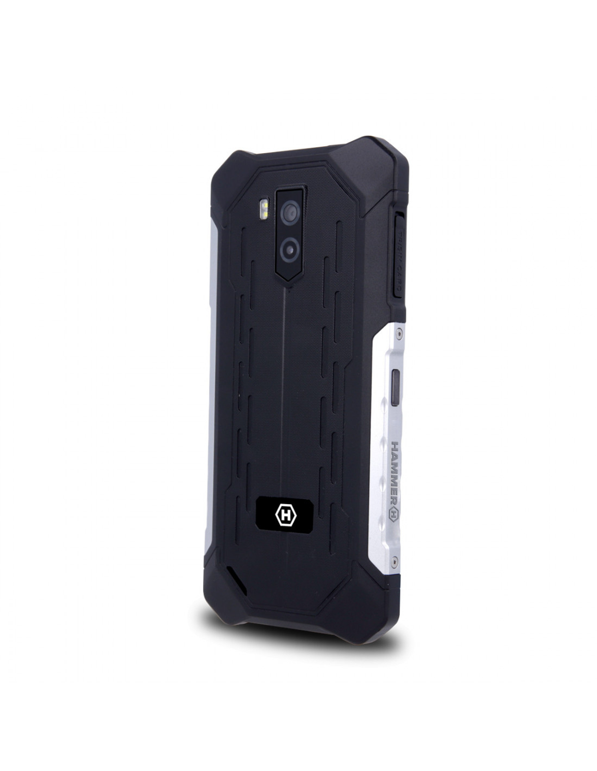 Robustes Smartphone in Schwarz und Silber, mit Dual-Kamera und prominentem Logo.