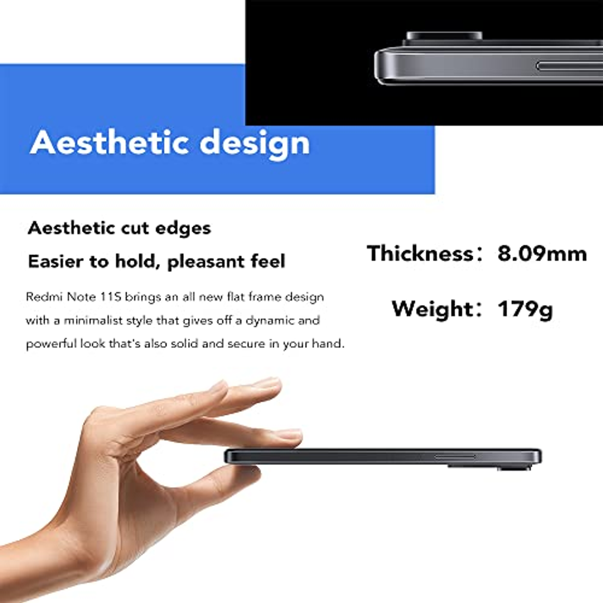 Descrizione del design estetico con uno smartphone. È nero e pesa 179g.