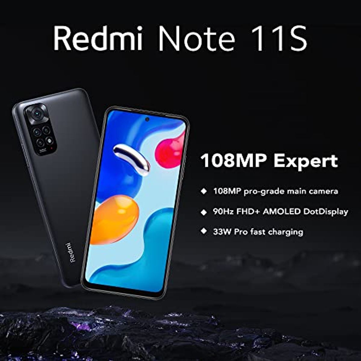 Due smartphone neri, uno con schermo colorato, con testo sulle funzioni. Sfondo blu scuro.