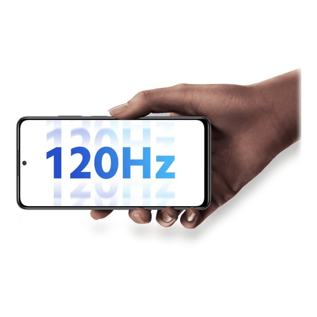 Mano sosteniendo un teléfono que muestra 120Hz en texto azul. Fondo blanco.