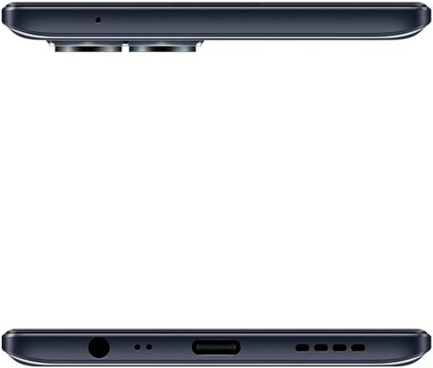 Smartphone-Seitenansicht, die Ober- und Unterseite zeigt. Enthält Kameraobjektive, Lautsprecher und Ladeanschluss.