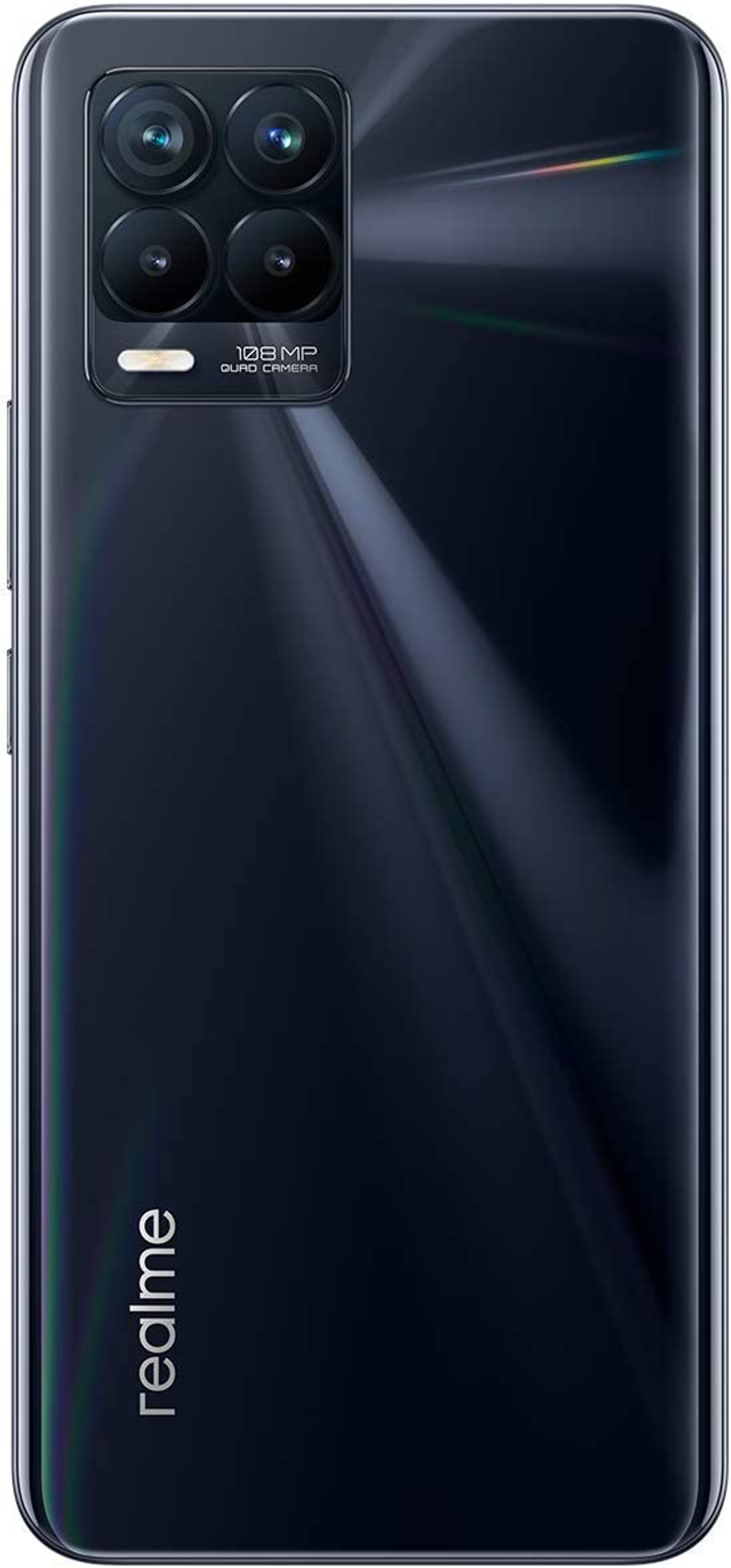 Ein schwarzes Smartphone mit Kamera und 4 Objektiven. Die Rückseite hat eine glänzende Oberfläche.