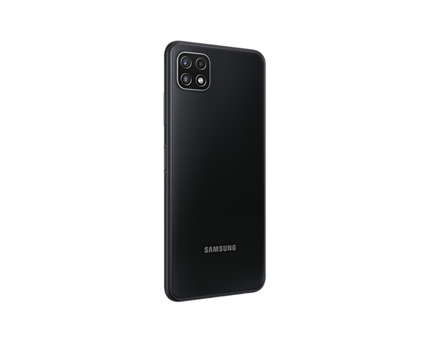 Tył czarnego smartfona Samsung. Posiada moduł kamery i logo Samsung na białym tle.