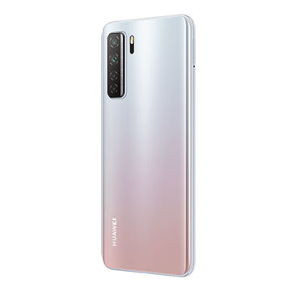 Smartfon z gradientem od różu do bieli na plecach, z trzema aparatami i logo Huawei.