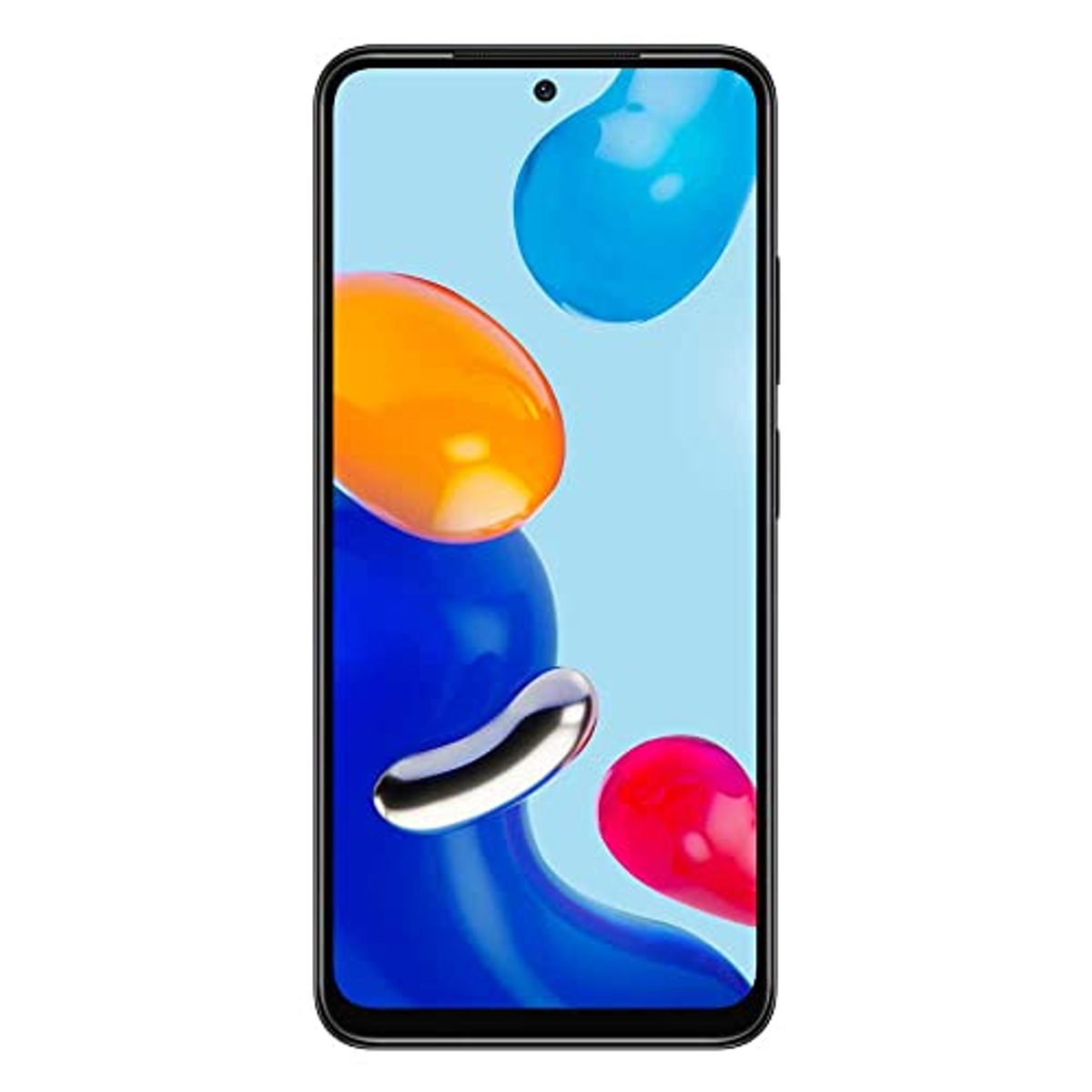 Smartphone mit blauem und orangefarbenem abstraktem Design auf dem Bildschirm. Schwarzer Rahmen.