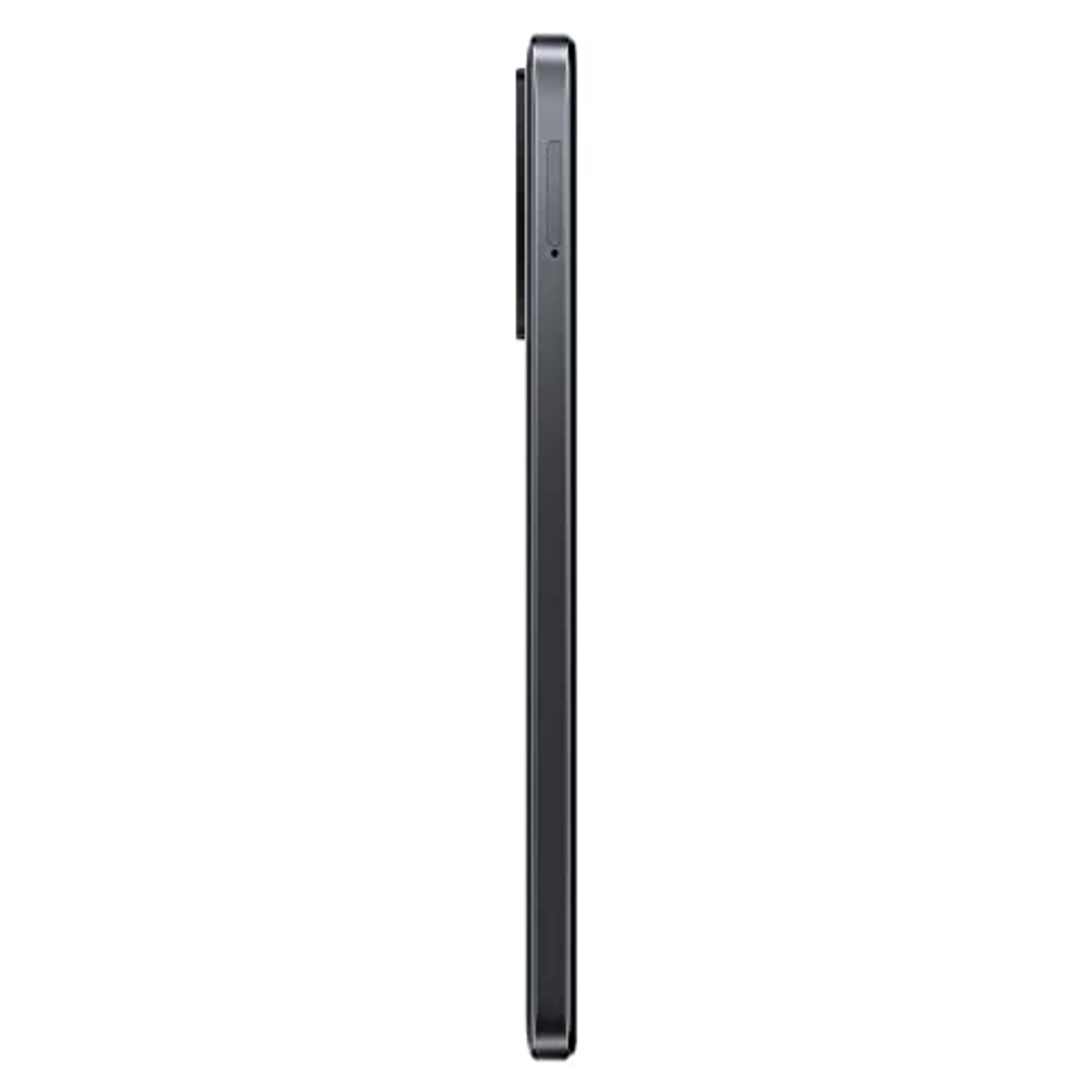 Seitenprofil eines schwarzen Smartphones, das die Seitentasten und die Kamera zeigt.