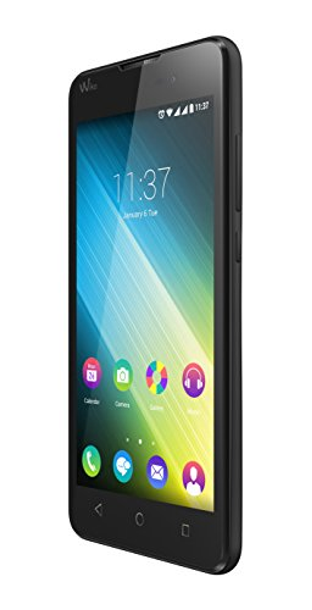 Ein schwarzes Smartphone auf weißem Hintergrund mit App-Symbolen.