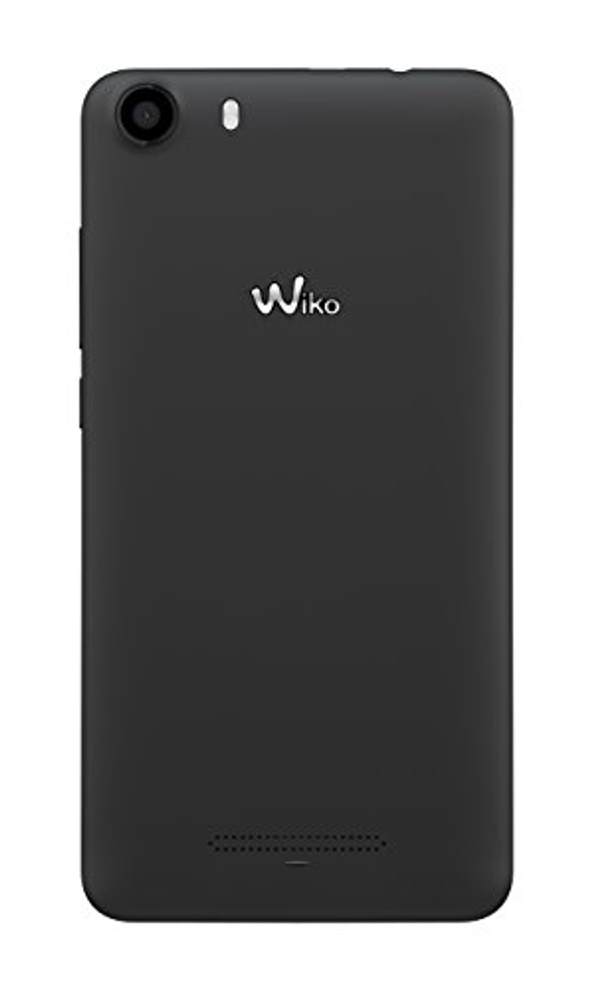 Schwarzes Smartphone mit Einzelkamera und Wiko-Logo auf der Rückseite.