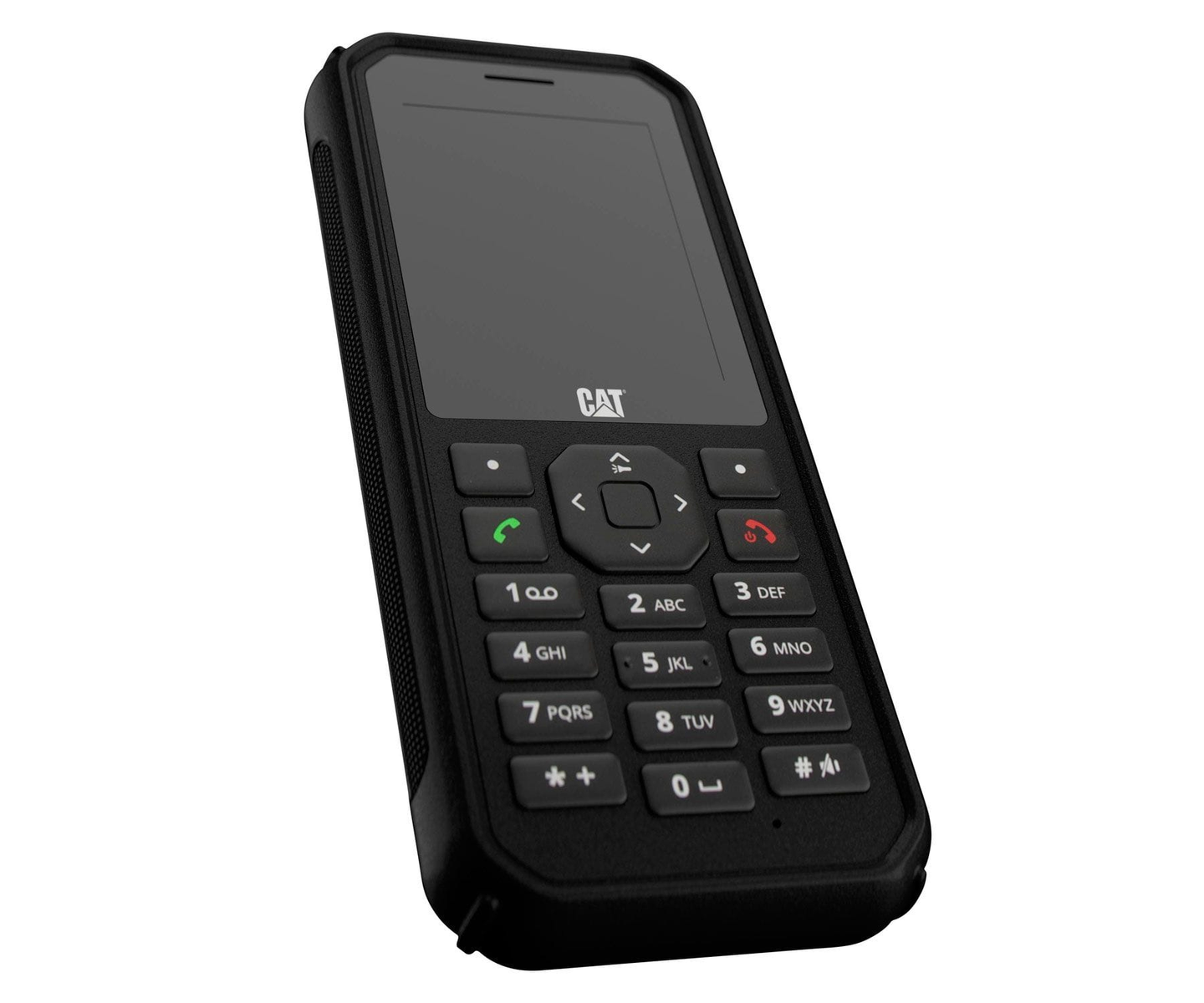 Czarny, wytrzymały telefon CAT z klawiszami numerycznymi i ekranem.