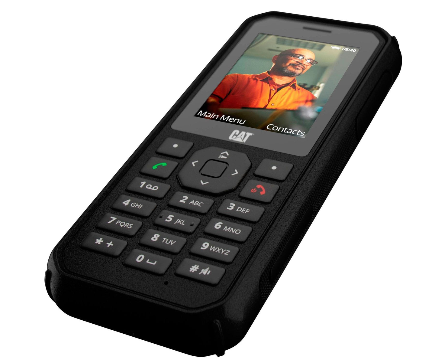 Czarny telefon CAT z twarzą mężczyzny na ekranie.