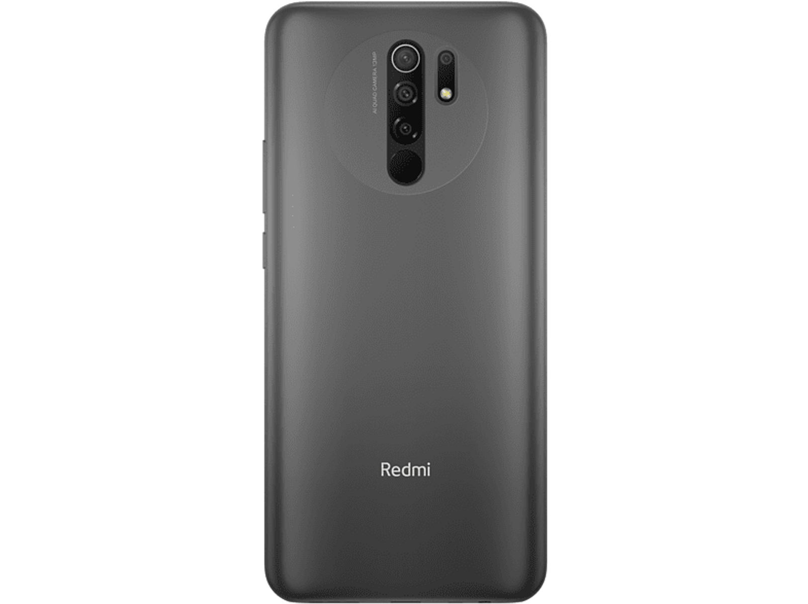 Smartphone-Rückseite, dunkelgrau. Quad-Kamera und Redmi-Logo sichtbar. Schwarzer Hintergrund.