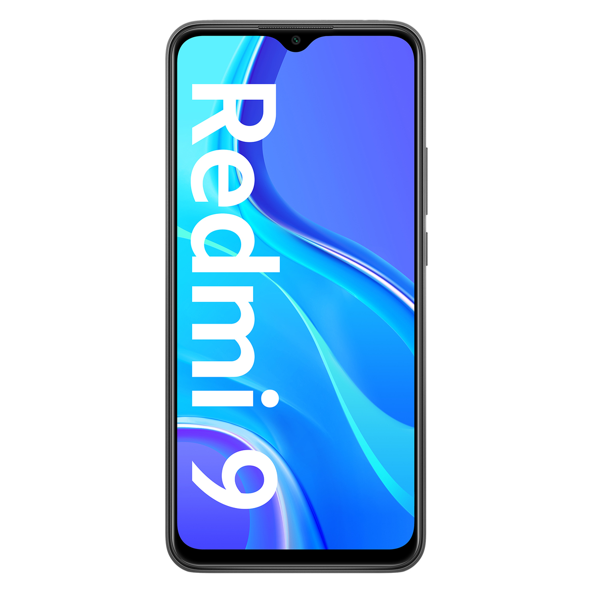 Redmi 9 Telefonbildschirm mit blau-weißem Wellendesign und dem Wort Redmi.