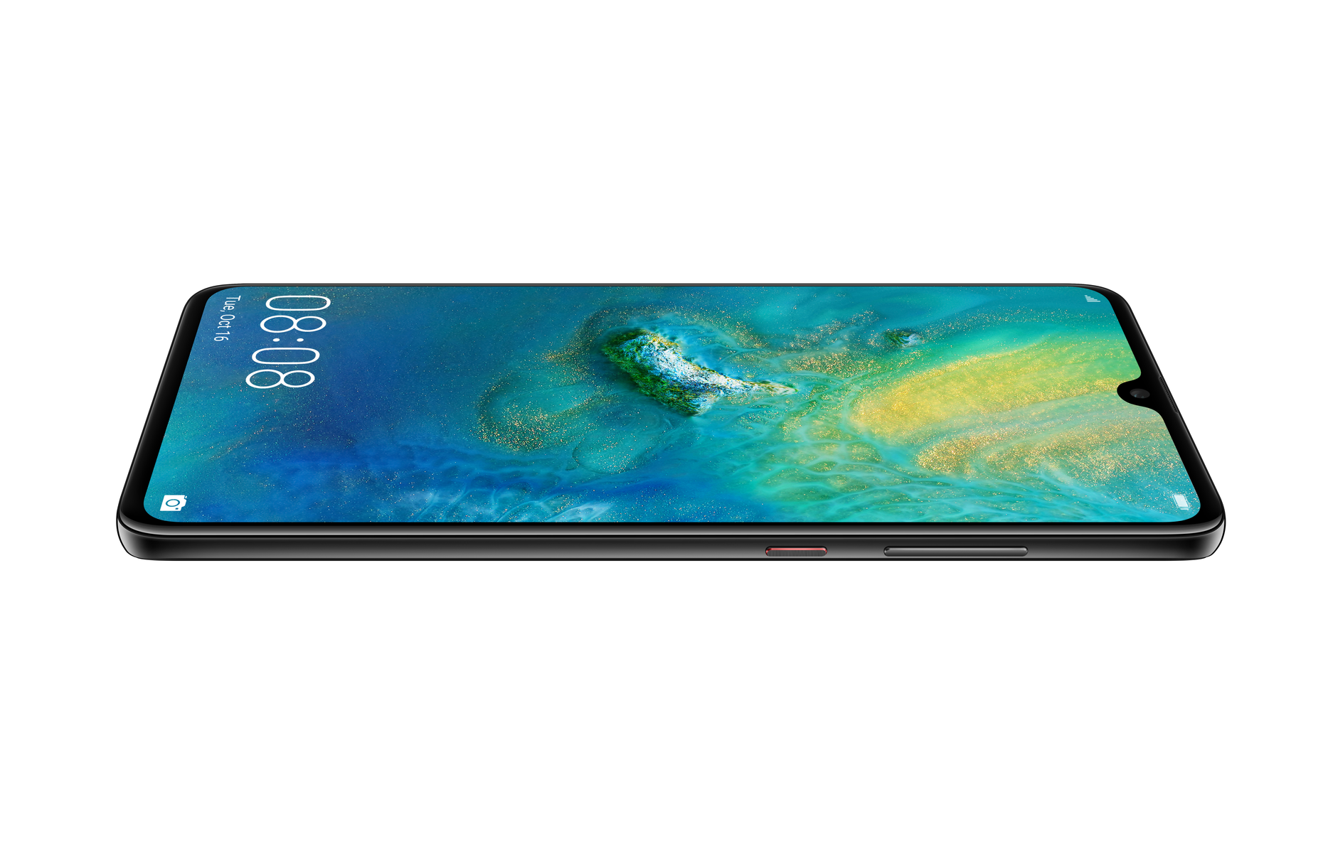 Ein schwarzes Smartphone mit einem Display, das eine farbenfrohe Landschaft zeigt, aus einem seitlichen Winkel vor weißem Hintergrund betrachtet.