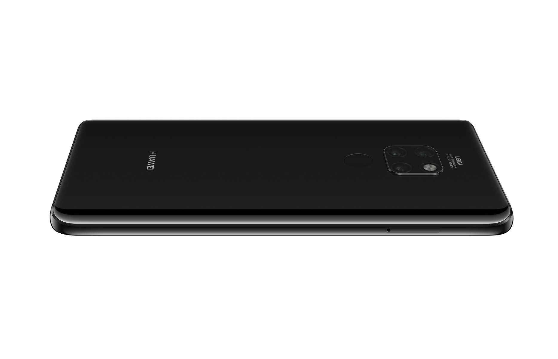 Schwarzes Telefon, liegend. Huawei-Logo oben. Kameralinsen auf der Rückseite. Weißer Hintergrund.