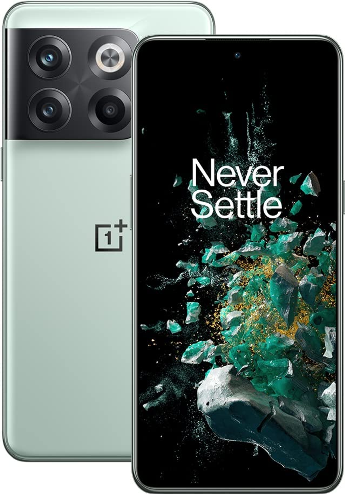 Groene smartphone met zwarte camera's. Het scherm toont de tekst 'Never Settle'.