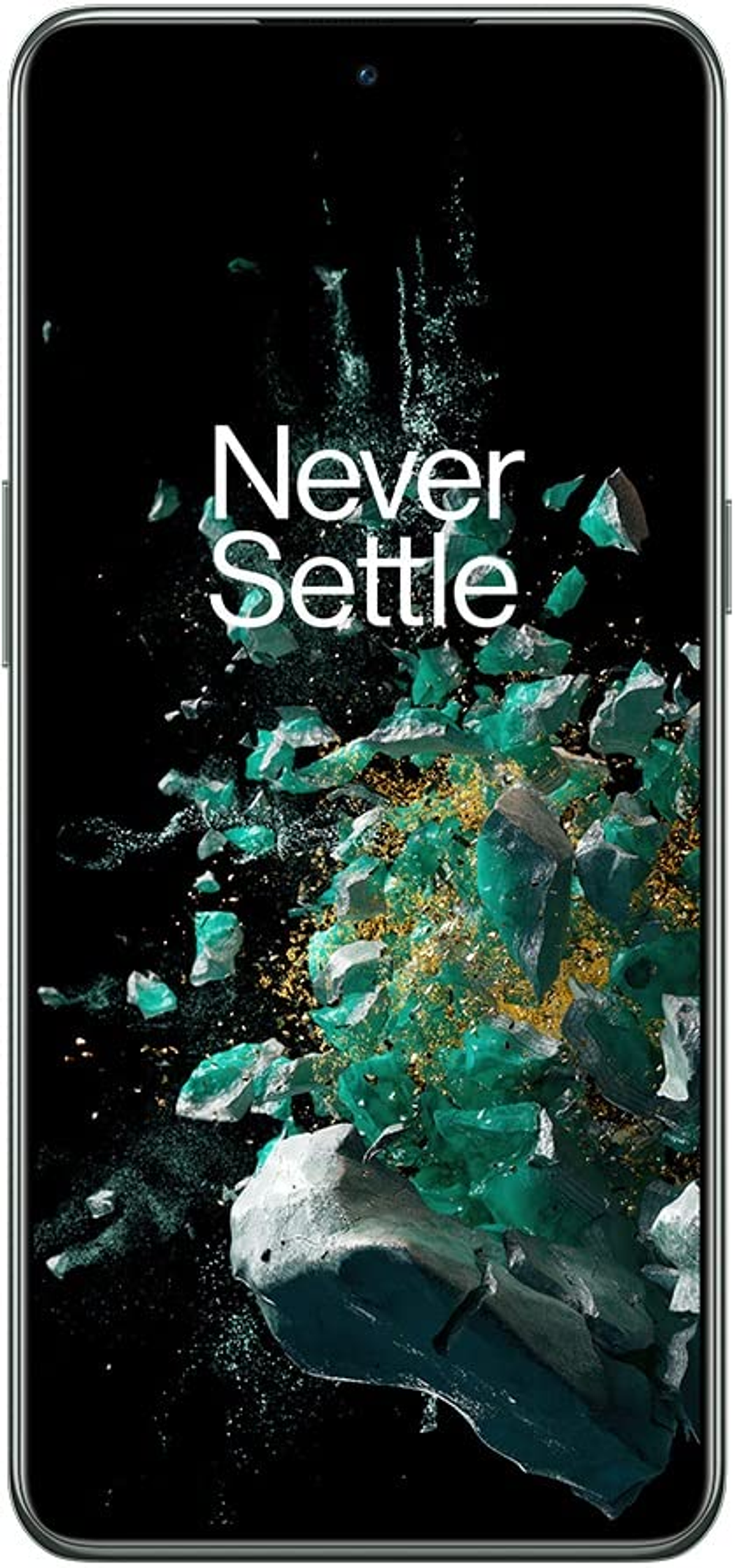 Smartphone met zwart scherm en de woorden 'Never Settle'. Groene en gouden accenten.