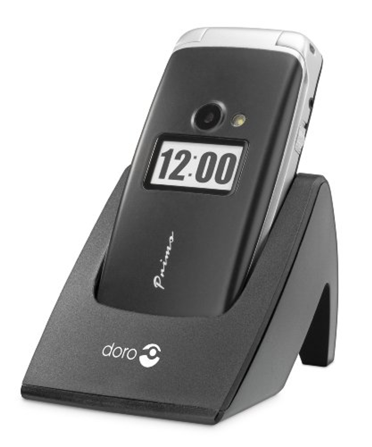 Teléfono plegable Doro negro en una base de carga negra en ángulo. Muestra la hora 12:00.