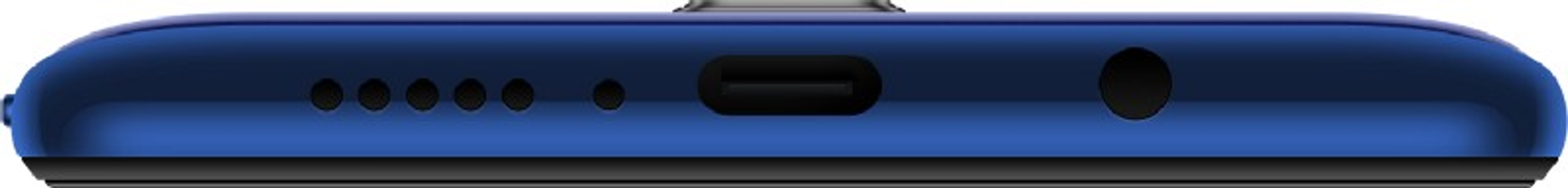 Nahaufnahme der Unterseite eines blauen Telefons mit Anschlüssen. Enthält Audioanschluss, USB-C und Mikrofon.
