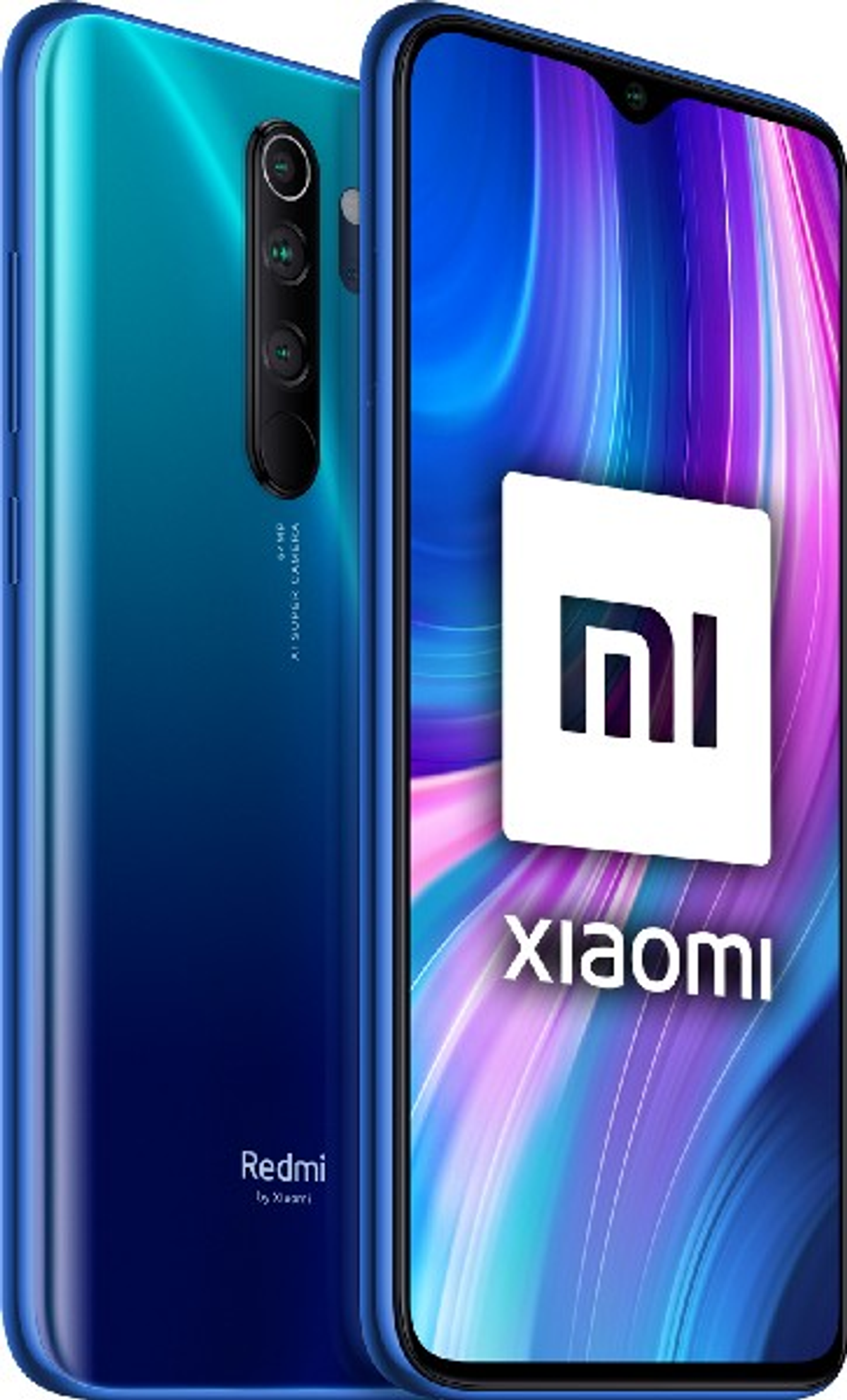 Blaues Xiaomi Redmi Telefon, zeigt die Rückseite und den Bildschirm. Der Bildschirm zeigt das Xiaomi-Logo.