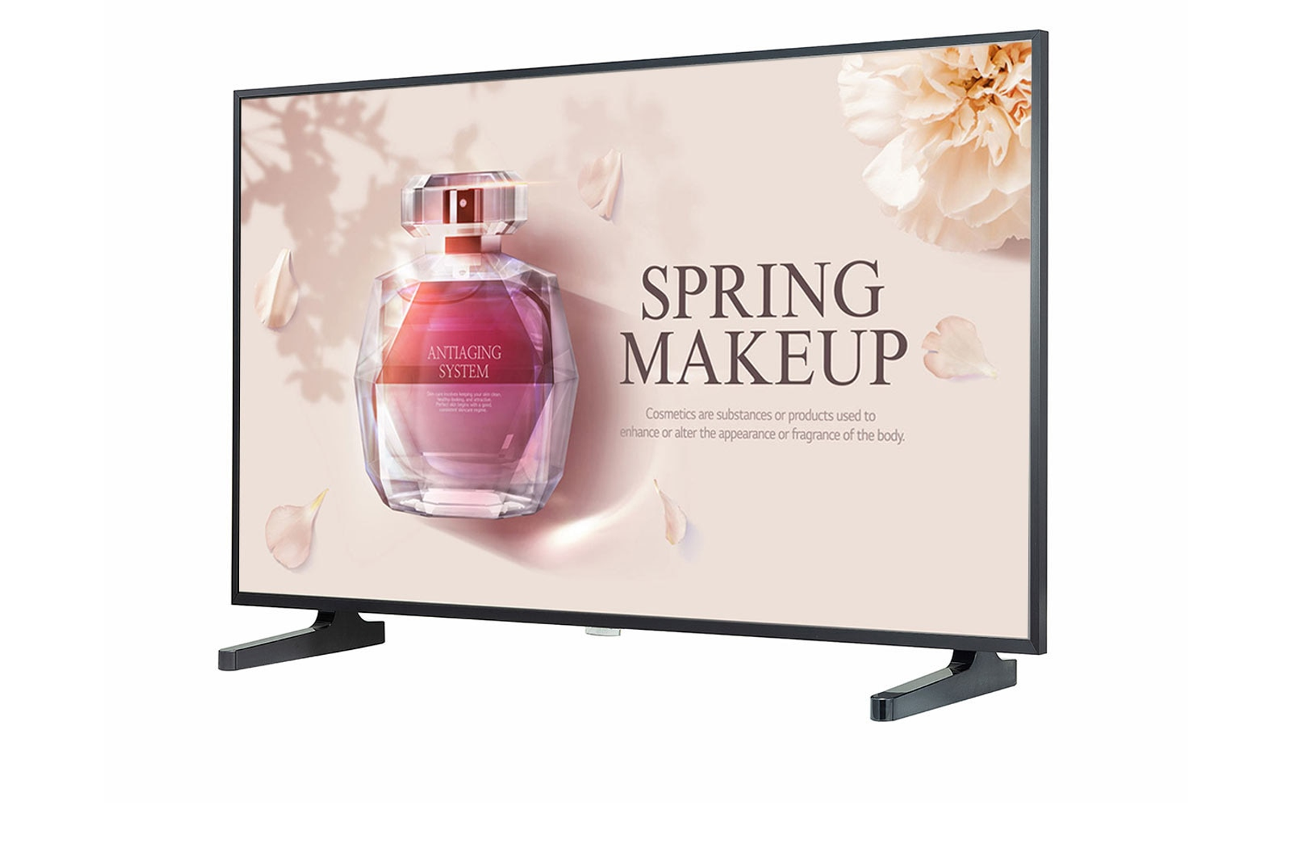 Pantalla de TV mostrando un anuncio de botella de perfume, pétalos. Fondo blanco, soporte negro.