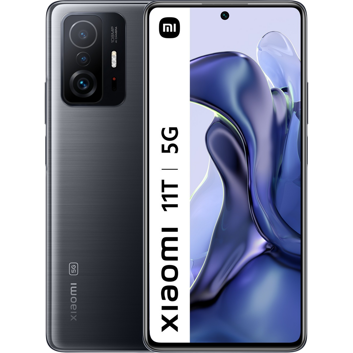 Zwart-grijze smartphone, voor- en achterkant. Witte achtergrond. Tekst op de telefoon.