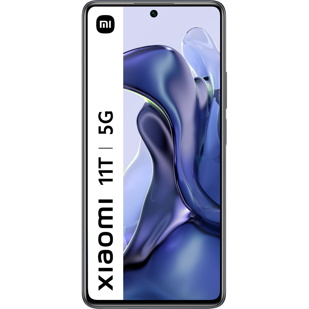 Een Xiaomi 11T 5G smartphone, met een zwart frame en een scherm dat een kleurrijk ontwerp weergeeft.