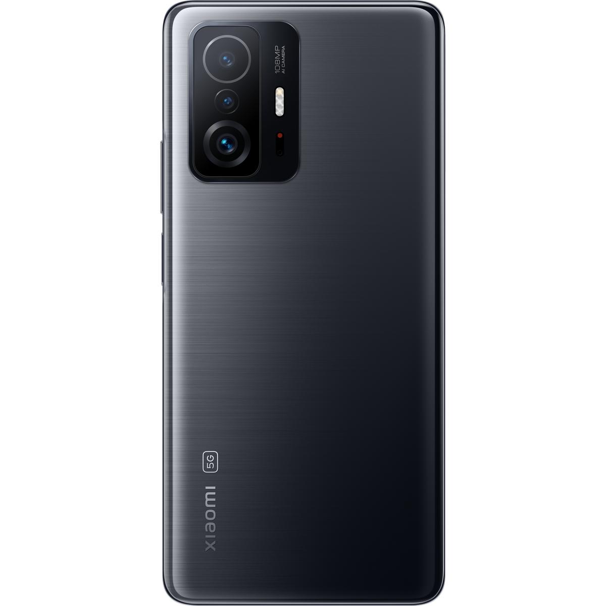 Zwarte smartphone achterkant. Heeft een cameramodule en het Xiaomi 5G-logo. Metallic textuur.