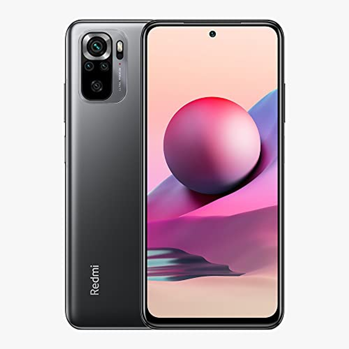 Smartfon w kolorze szarym z podwójnym aparatem. Wyświetlacz pokazuje kulę.
