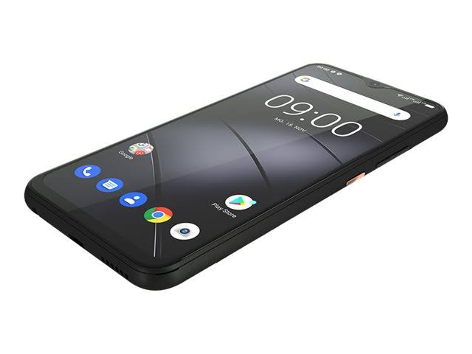 Ein schwarzes Smartphone. Der Bildschirm zeigt App-Symbole, Uhrzeit und Datum an. Das Telefon ist abgewinkelt.