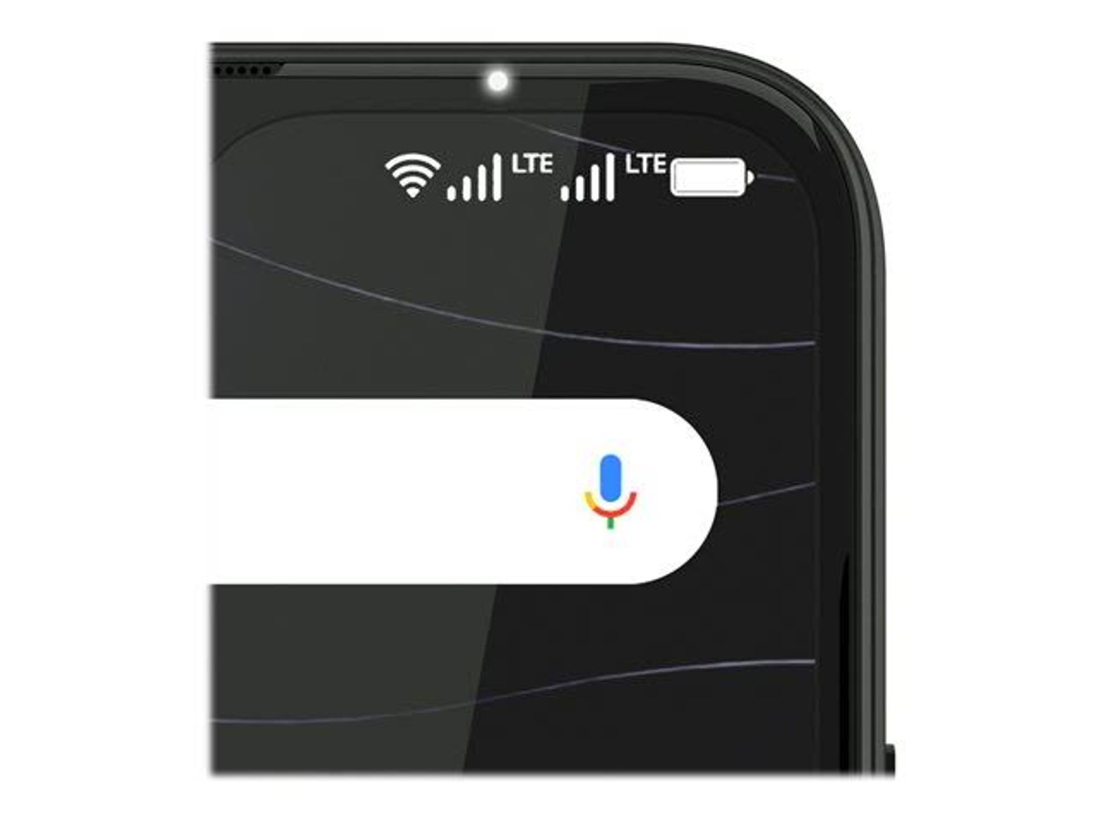 Nahaufnahme des Telefonbildschirms. Zeigt WLAN-, LTE- und Akku-Symbole. Suchleiste und Mikrofon.