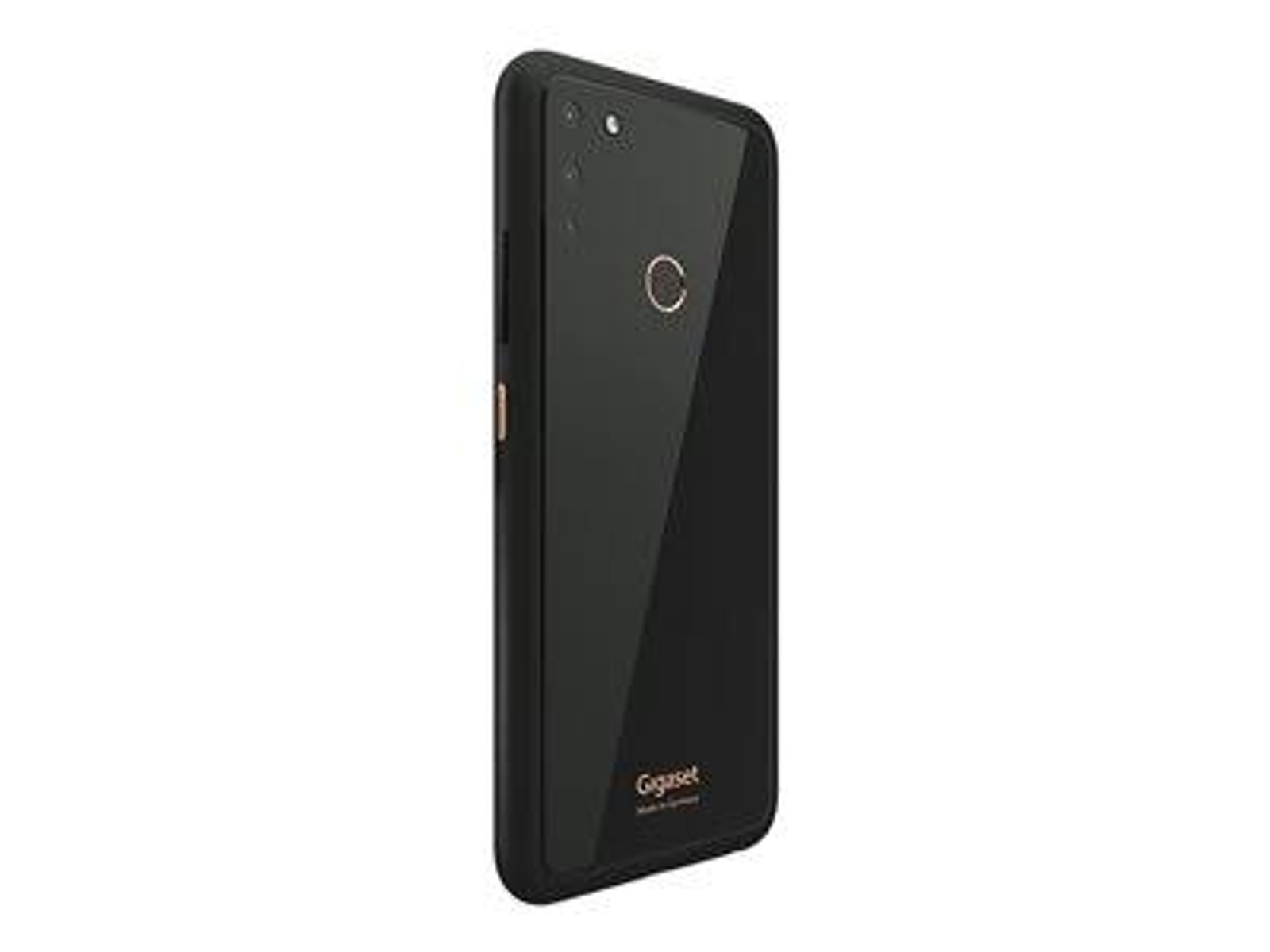Schwarzes Gigaset-Telefon auf weißem Hintergrund. Die Rückseite des Telefons ist sichtbar, mit einem Kameraobjektiv.