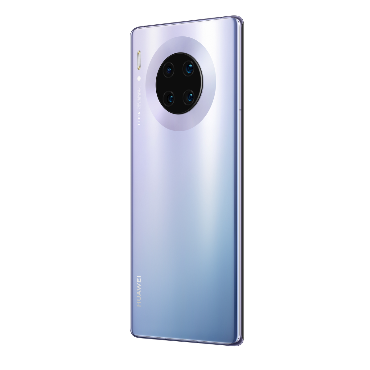 Telefon z czterema tylnymi aparatami. Telefon jest srebrny z gradientem od niebieskiego do fioletowego.