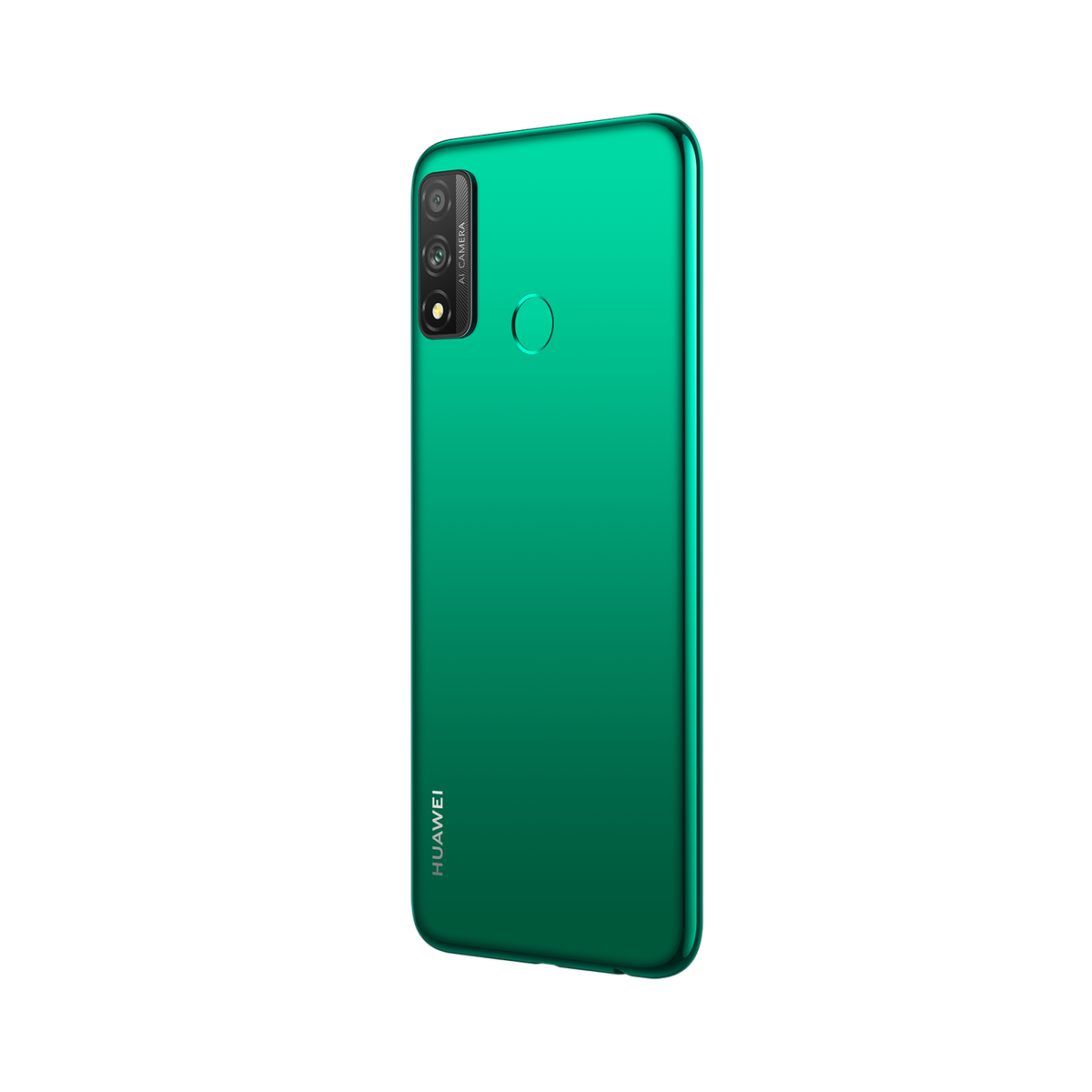 Grüne Smartphone-Rückseite mit Kameramodul und Huawei-Logo. Weißer Hintergrund.