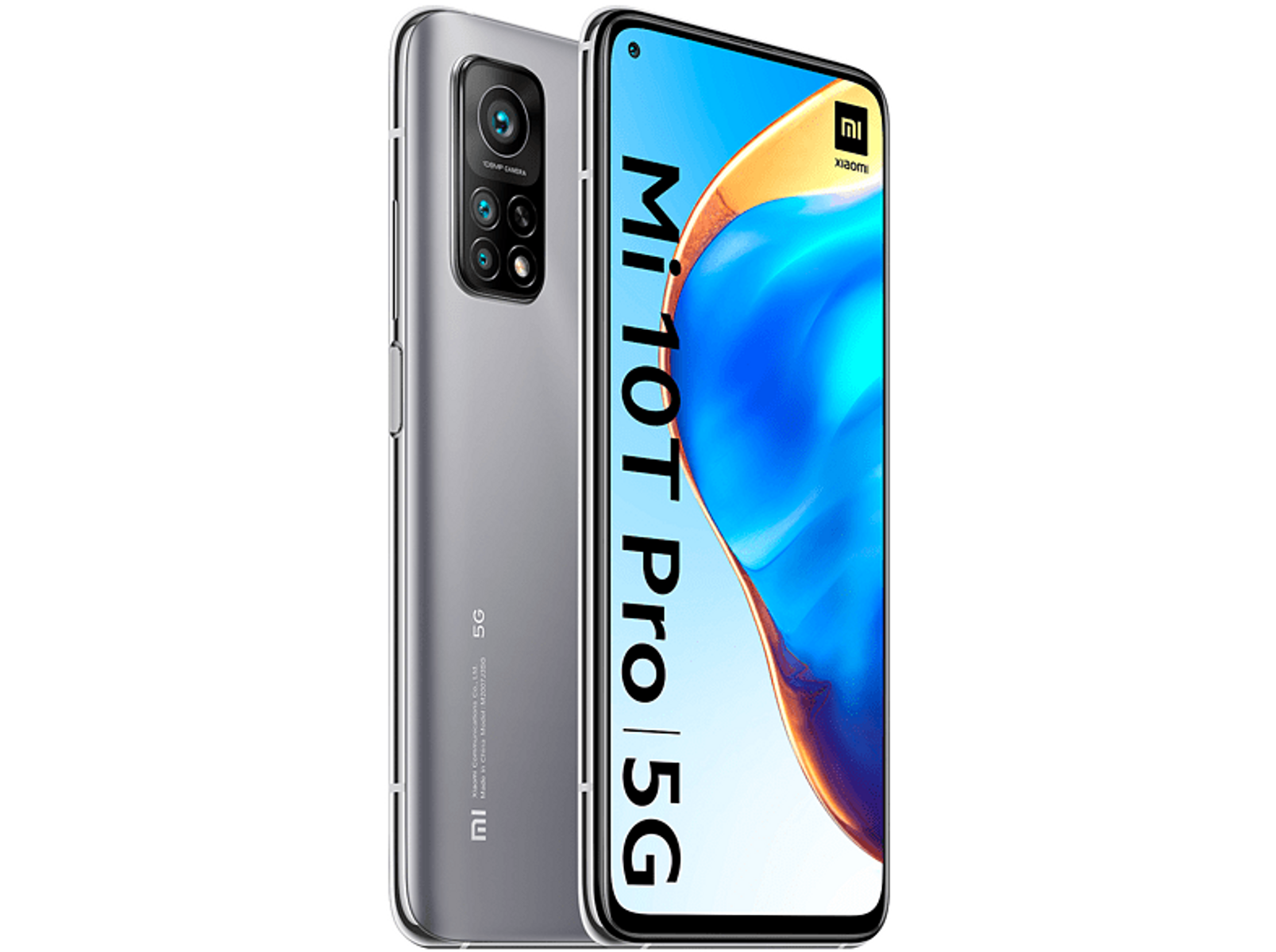 Srebrny telefon Mi 10T Pro 5G pokazujący tył i ekran z niebieskim interfejsem.