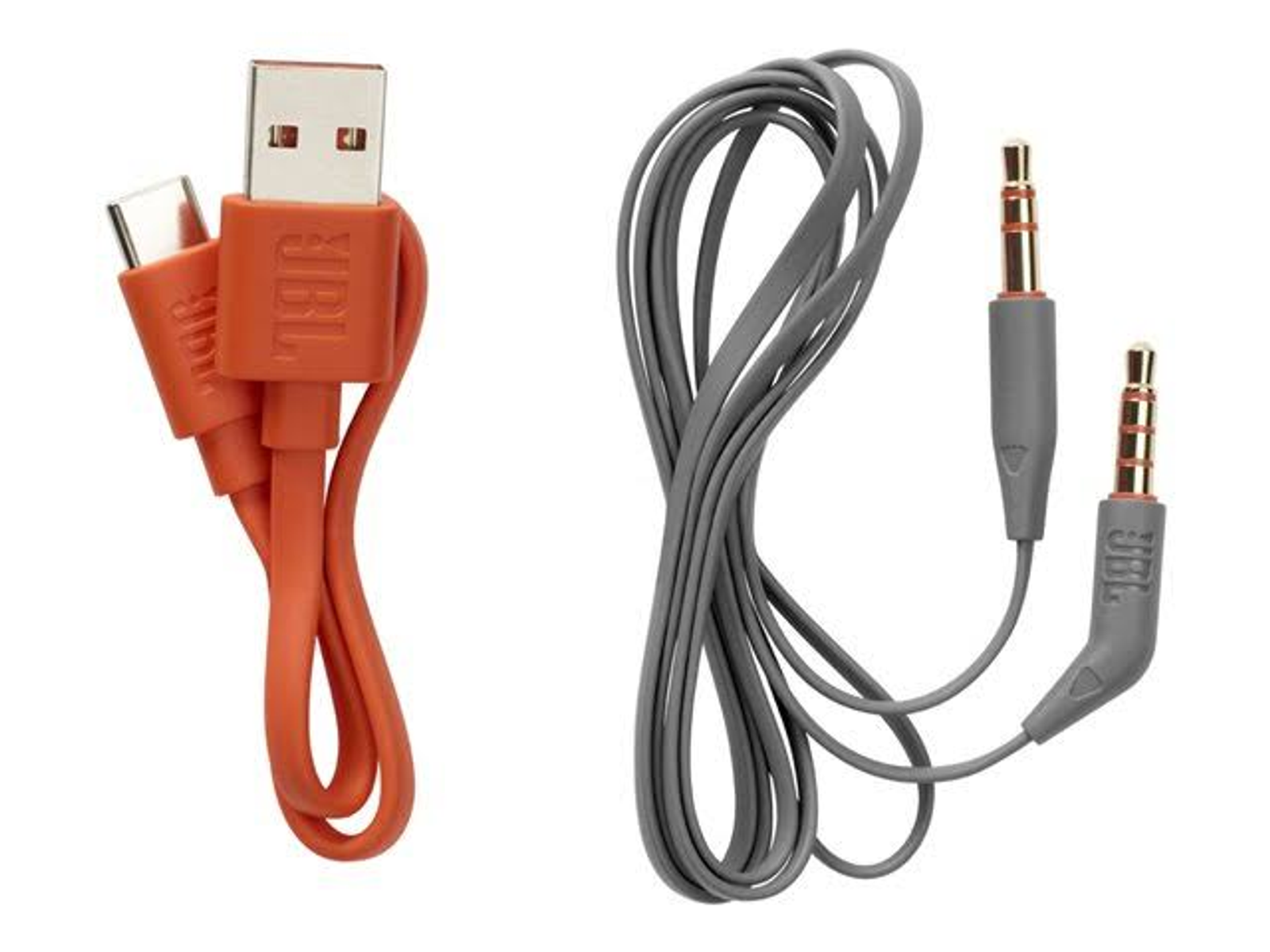 Dwa pomarańczowe kable JBL z wtykami USB i 3,5 mm na białym tle.