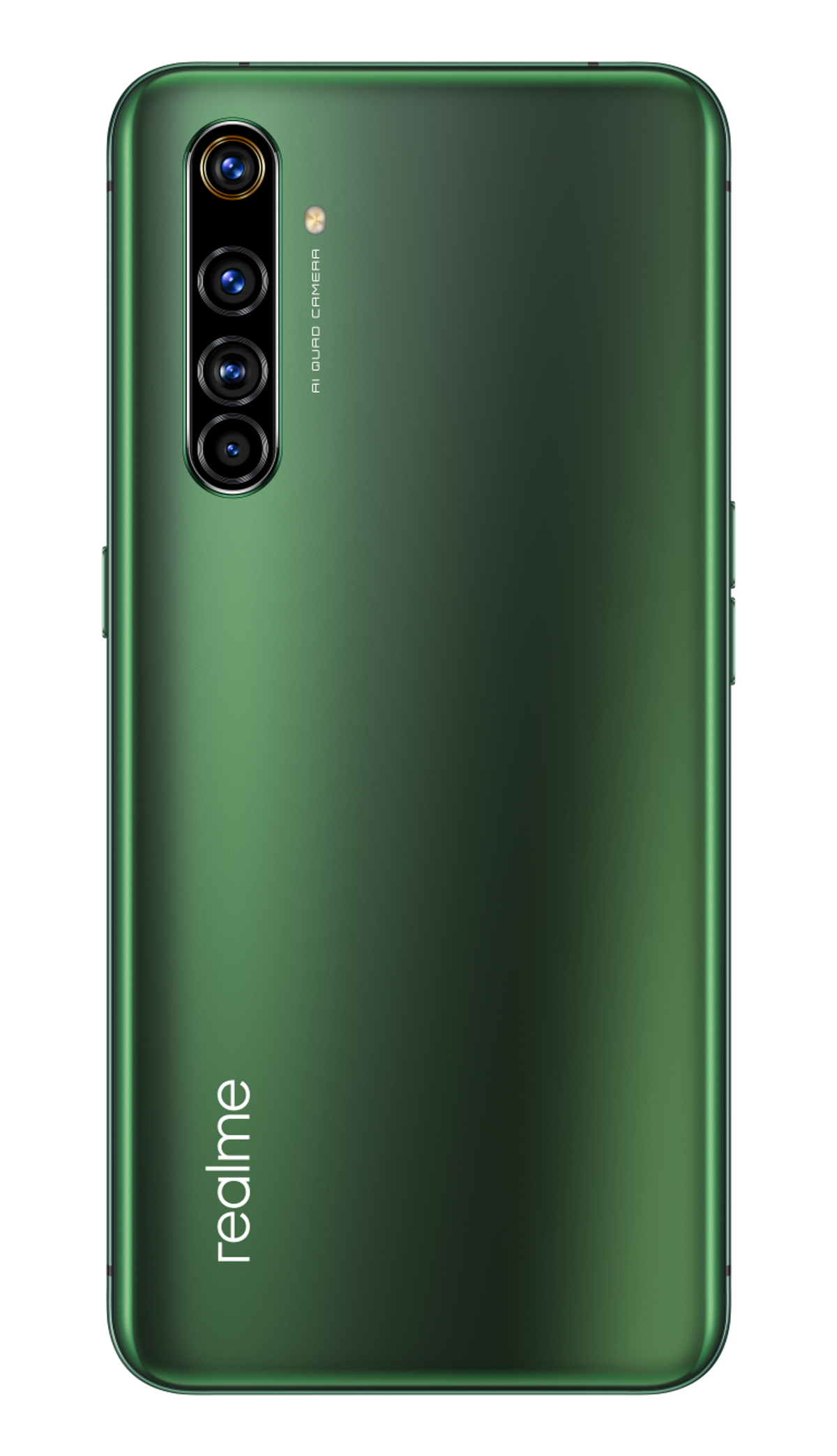 Rückseite eines grünen Realme-Telefons mit Quad-Kamera und Realme-Logo.