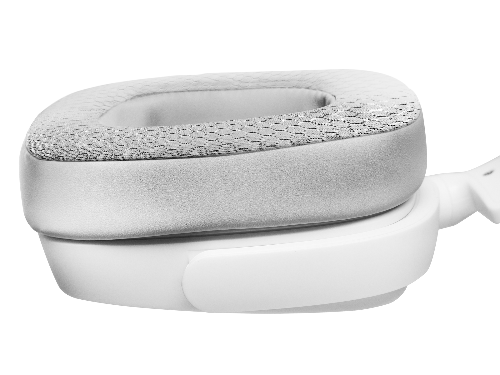 Biała słuchawka. Góra ma białą siatkową tkaninę.