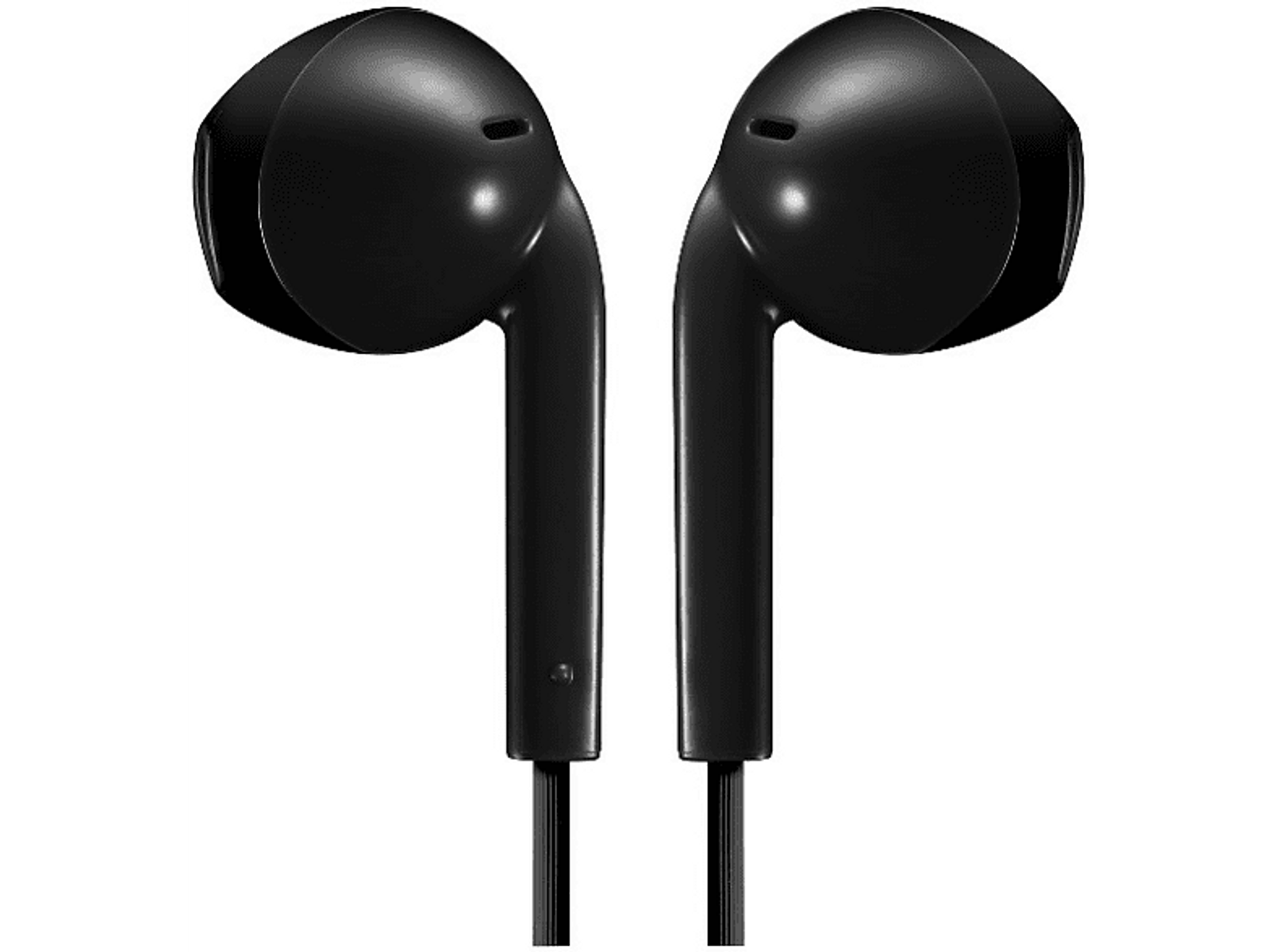 Dwa czarne słuchawki z długimi szypułkami, odizolowane na gładkim tle.