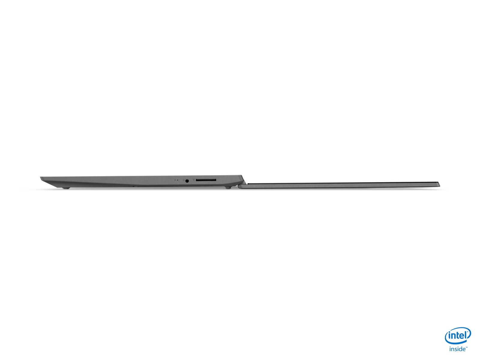 Laptop grigio, vista laterale, parzialmente aperto. Logo Intel Inside in basso.