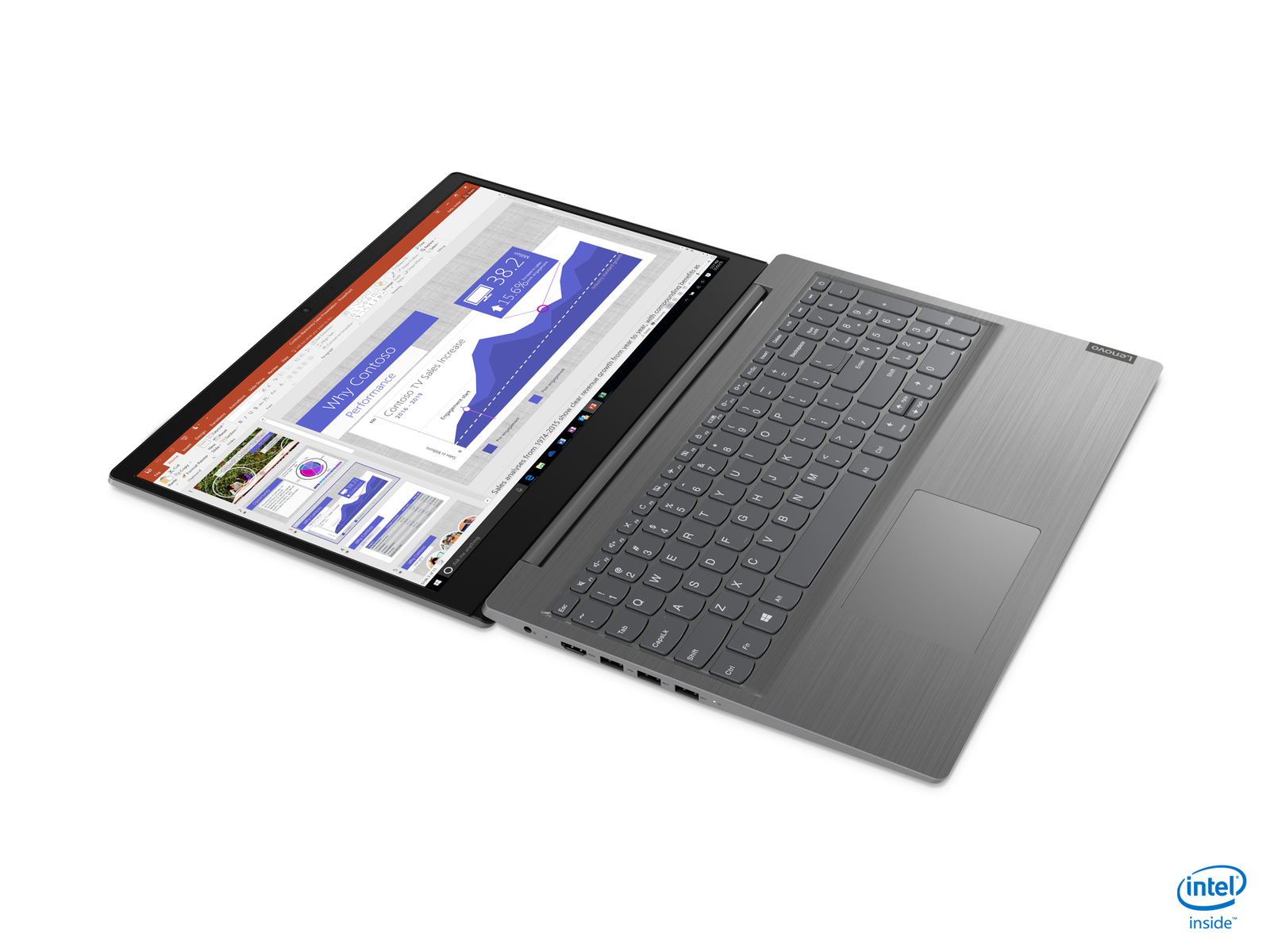 Laptop con schermo aperto che mostra una presentazione. Tastiera visibile. Logo Intel Inside. Schema grigio.
