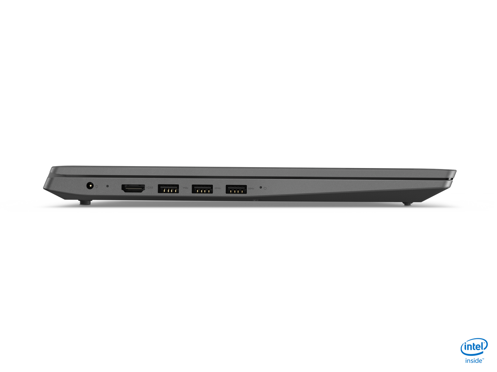 Laptop nero, vista laterale con porte e logo Intel Inside in basso.