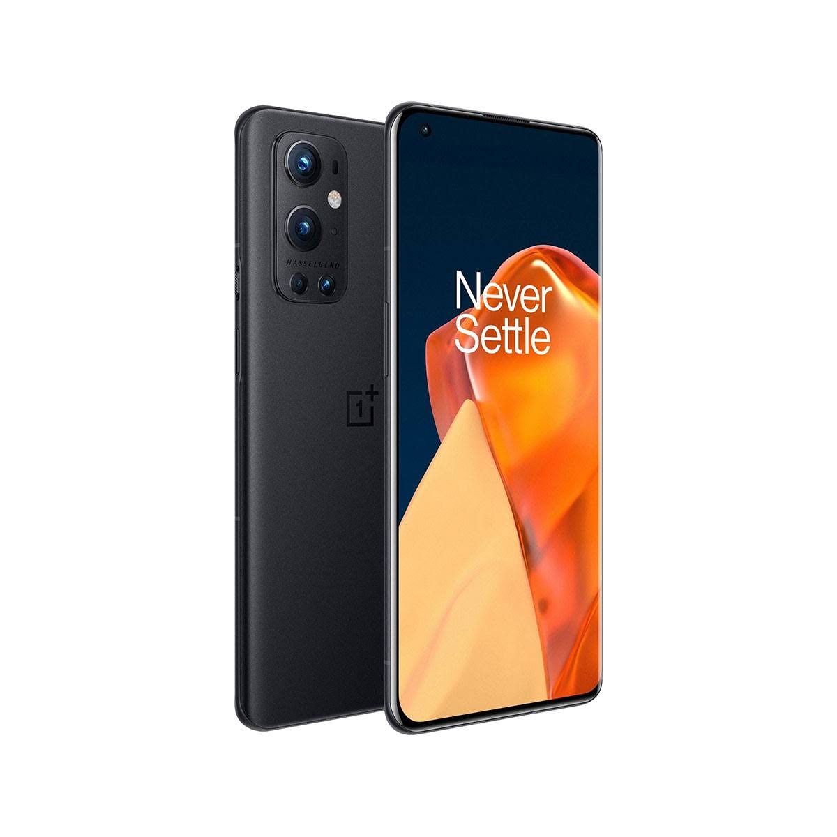 Zwarte telefoon met zwarte achterkant en scherm met kleurrijk beeld en witte tekst.
