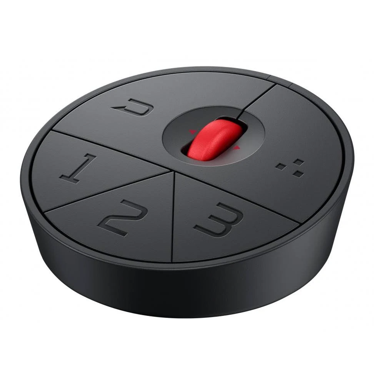 Un controller rotondo nero con segmenti numerati e un pulsante rosso al centro.