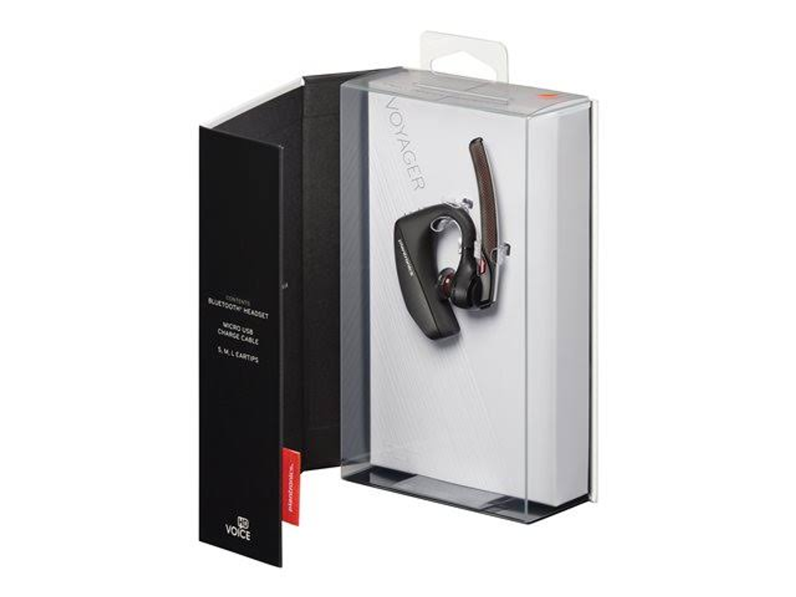 Cuffia Bluetooth nera in una scatola aperta che mostra la cuffia.