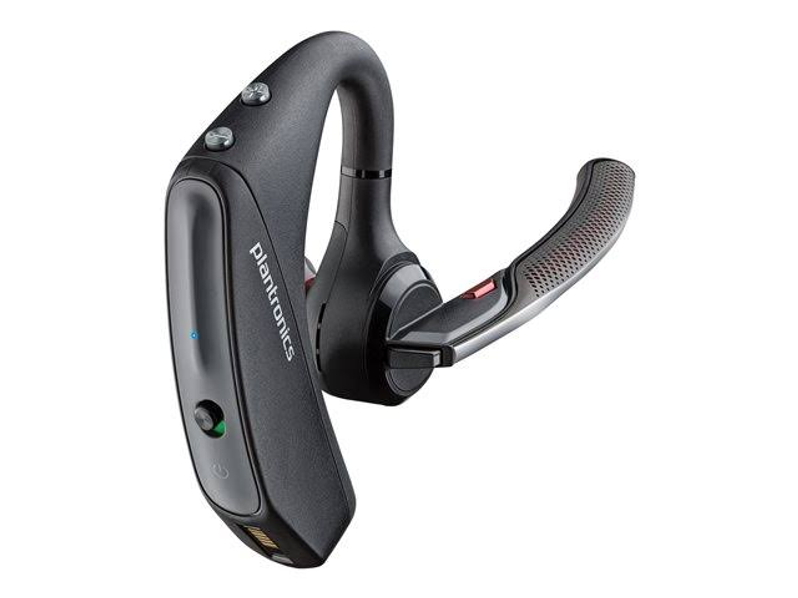 Cuffia Bluetooth Plantronics nera su sfondo bianco. Design curvo.
